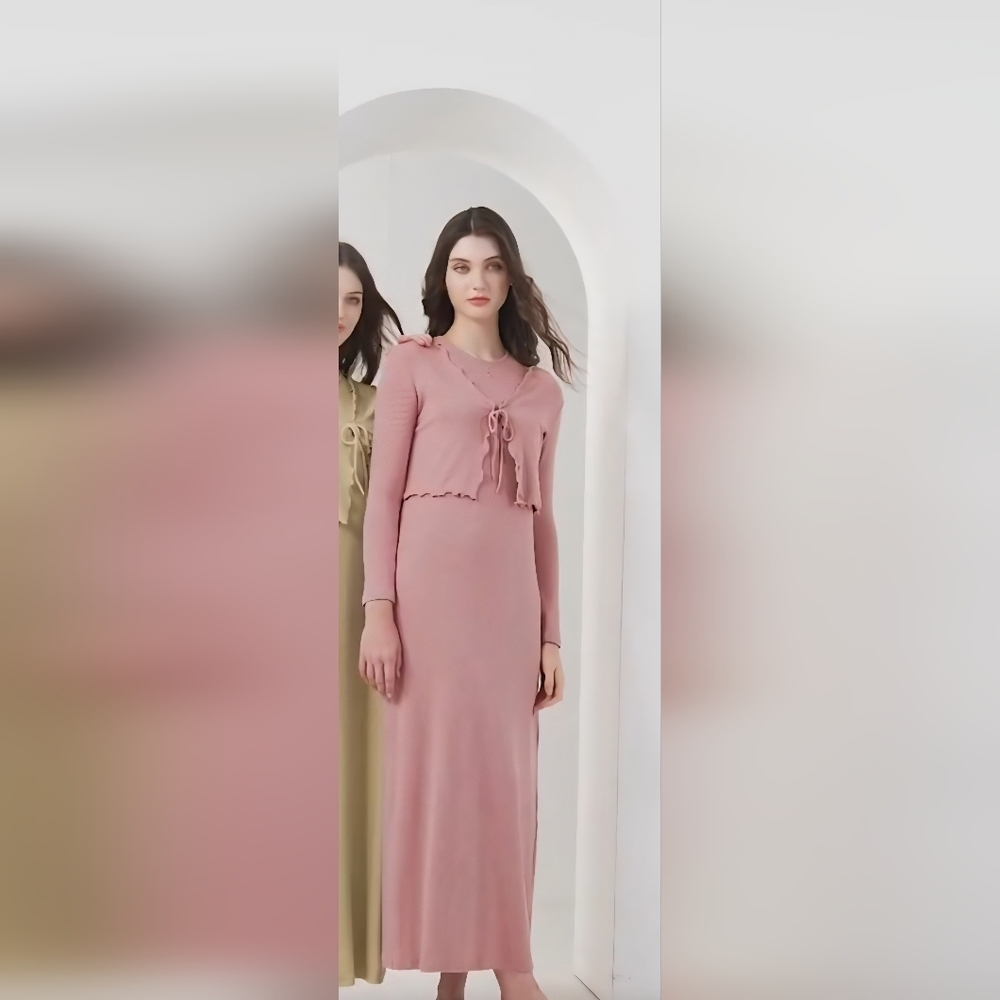 Soft Pink Ribbed Tie-Front Crop Cardigan Set